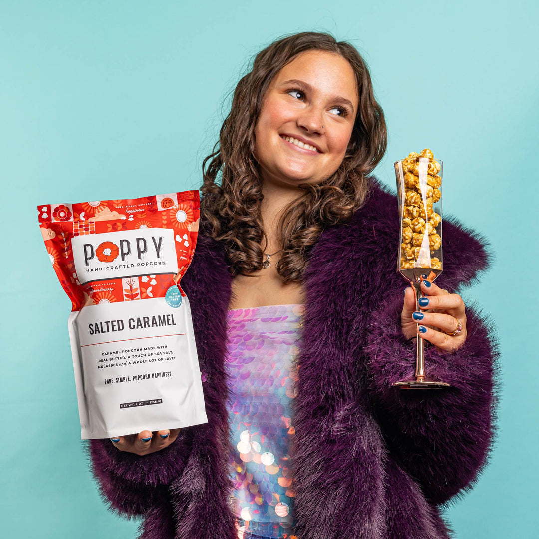 Salted Caramel Popcorn in a clear bag. Available in 100g, 200g, and 400g sizes.