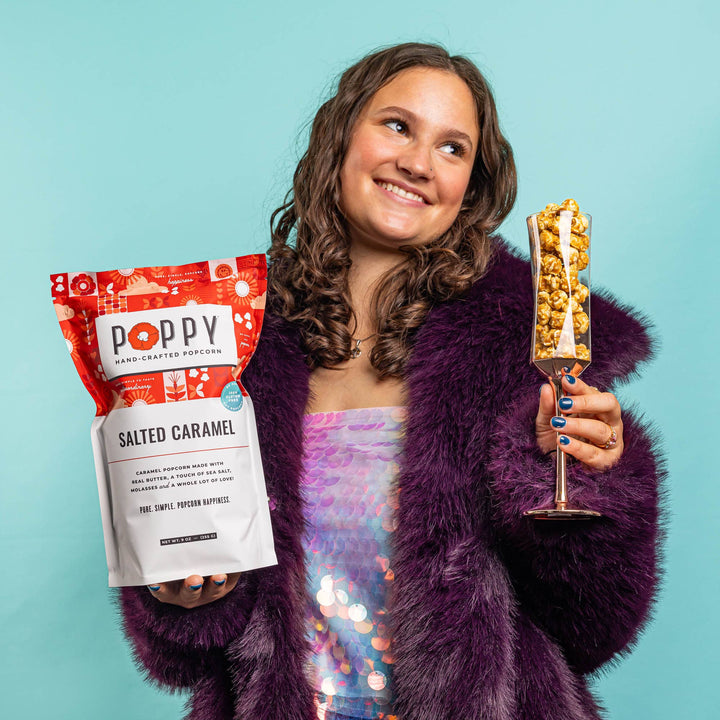 Salted Caramel Popcorn in a clear bag. Available in 100g, 200g, and 400g sizes.