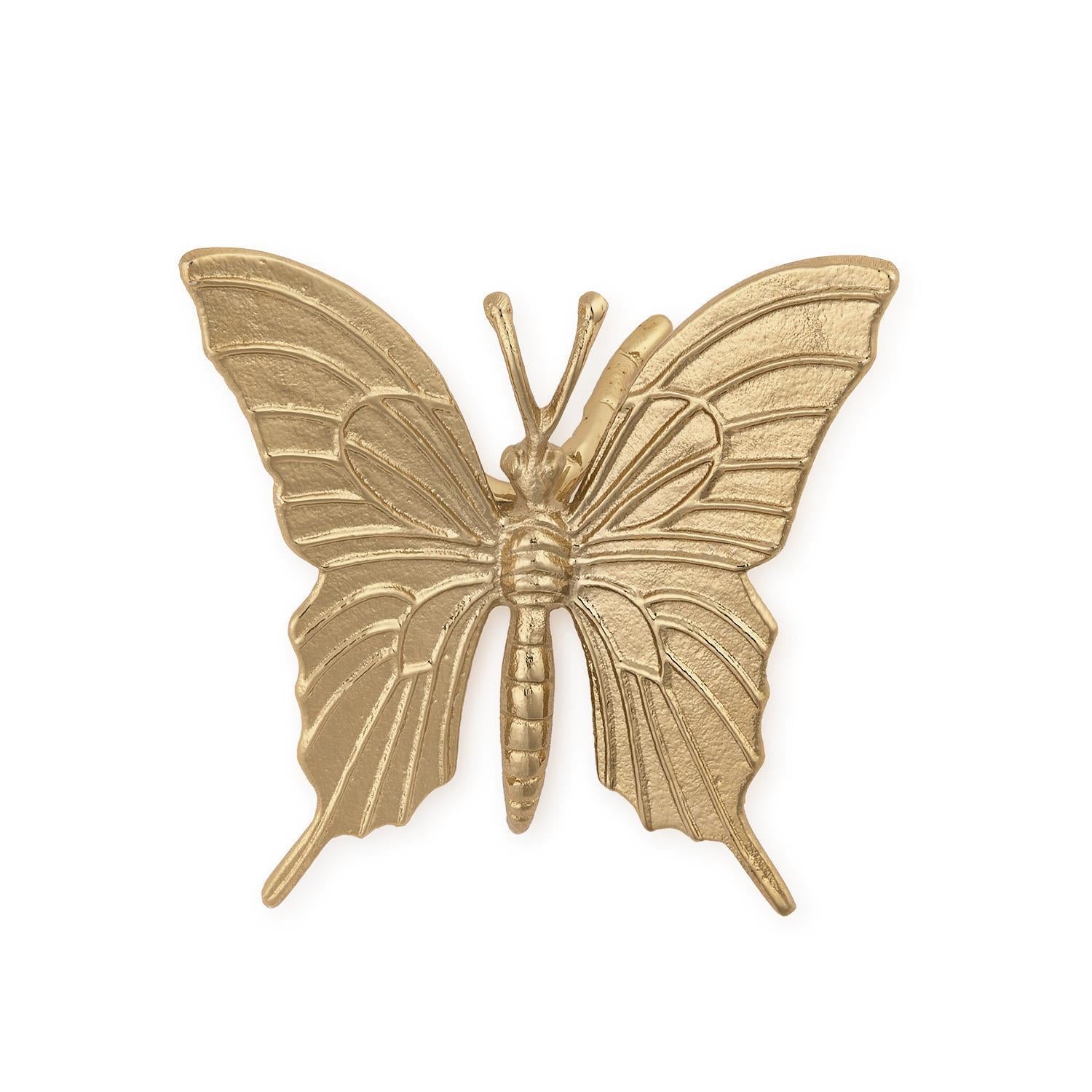 Gold butterfly brooch with detailed wing patterns and textured body. Available sizes: small, medium, large.