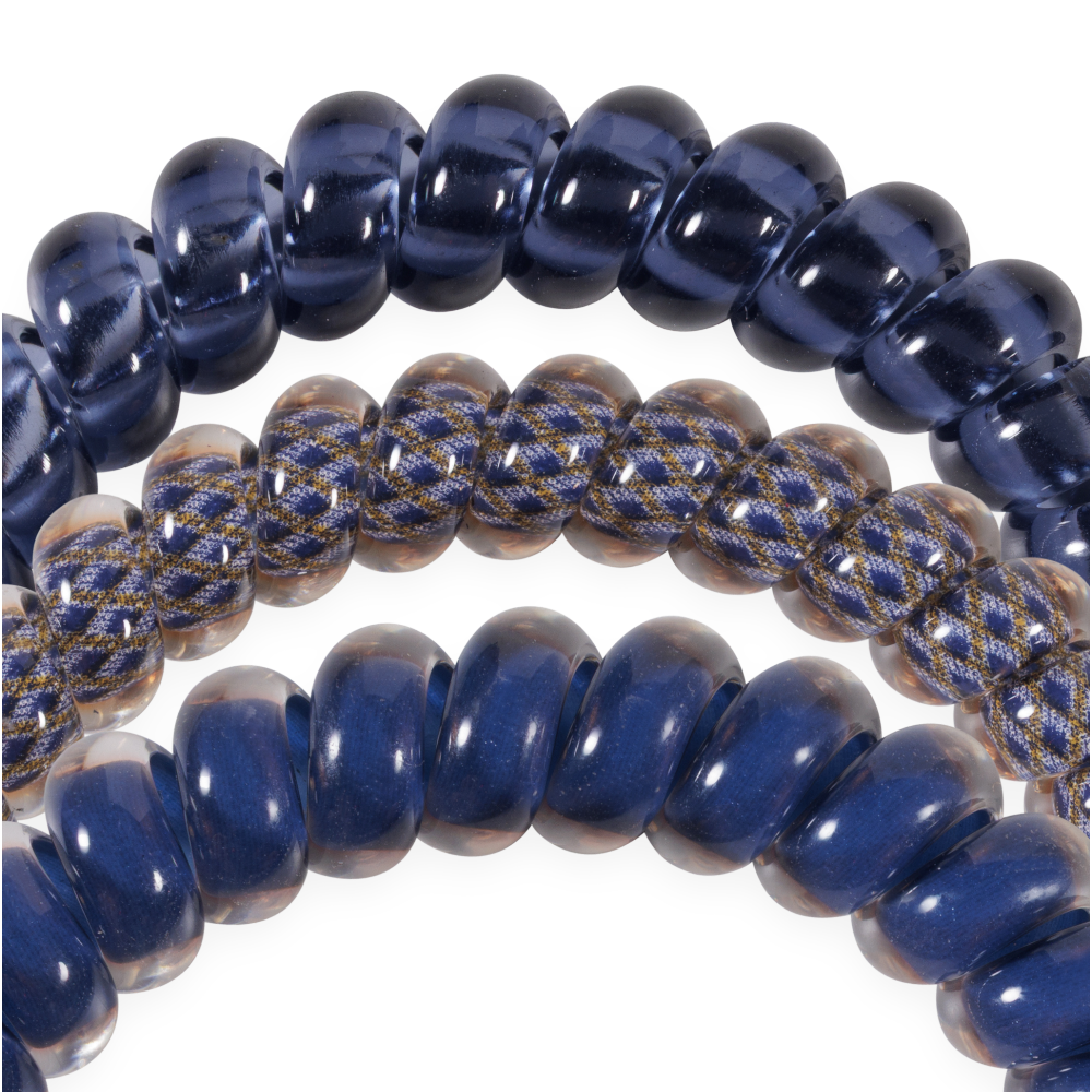 Three small navy blue Twilight Tones Hair Ties—two solid, one with a braided pattern. Available in small size.