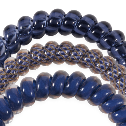 Three small navy blue Twilight Tones Hair Ties—two solid, one with a braided pattern. Available in small size.