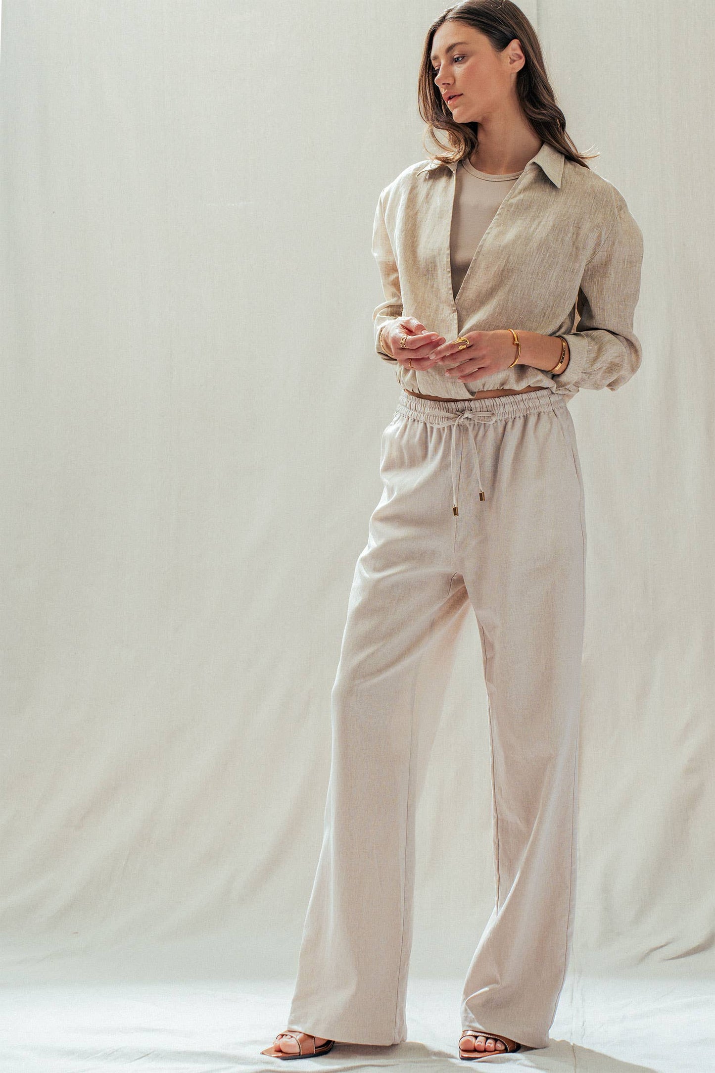 Mint Jelly Linen Blend Wide Leg Drawstring Pants in beige. Available in sizes XS–XL.