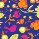 Parakeet Guest Towel with red, yellow, and pink floral print on dark blue. Available in guest size.