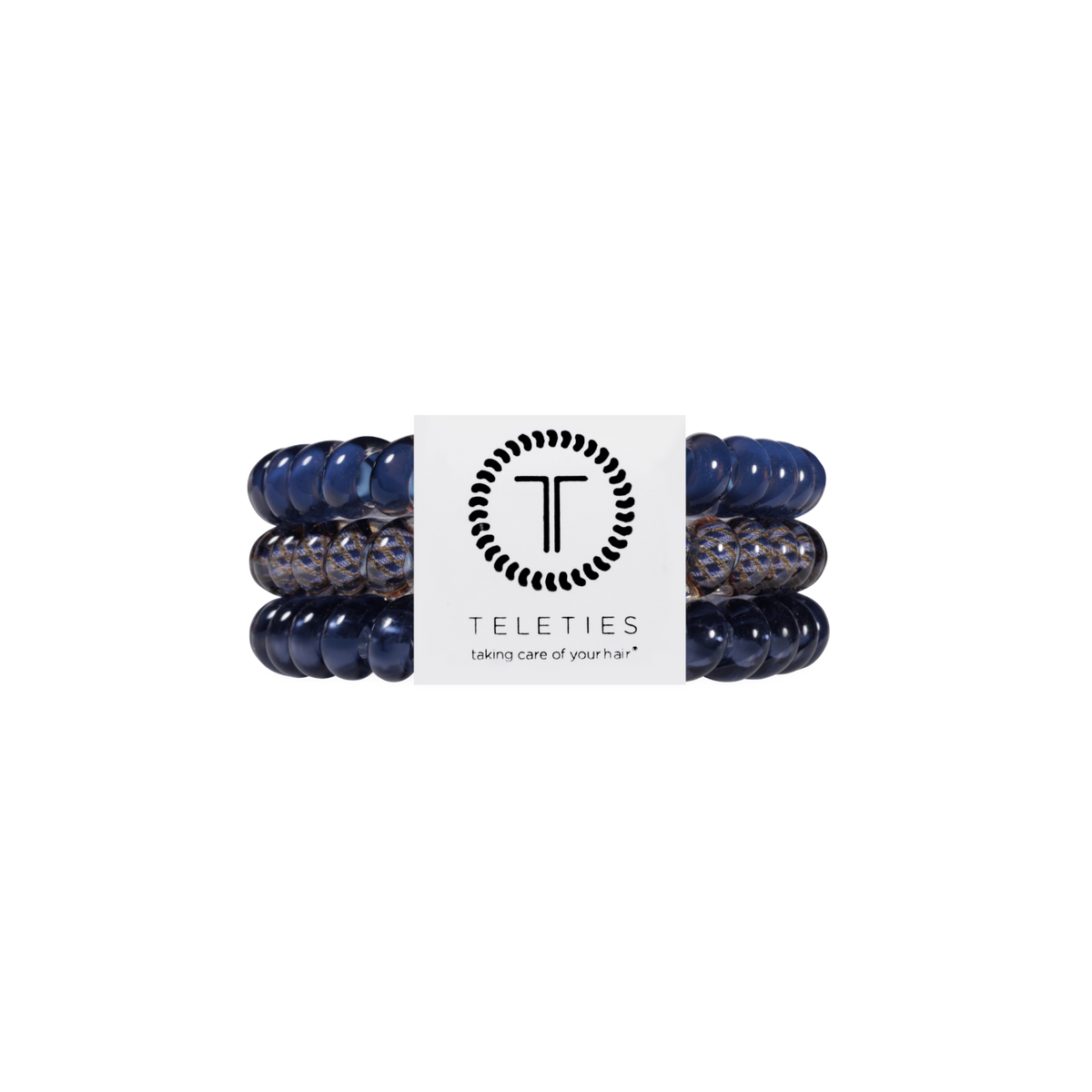 Three Twilight Tones Small Hair Ties with navy and leopard patterns, packaged on a TELETIES card. Available in size small. No-crease design for gentle, secure hold.