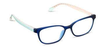 Dark blue rectangular blue light glasses with light aqua arms, striped pattern at the ends. Available in multiple sizes.