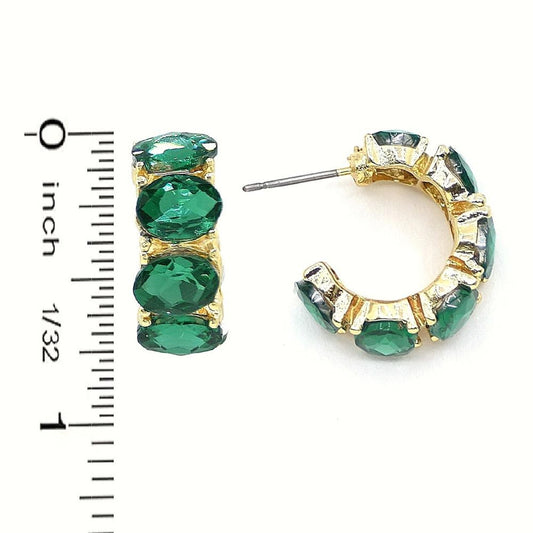 Gold-plated hoop earrings with four oval green gemstones, just under 1" diameter. Only size available is under 1".