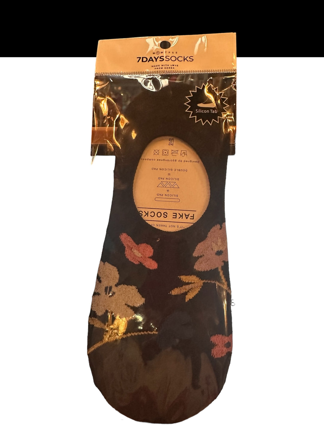 Black floral-patterned no-show Women Socks in clear bag, labeled "7DAYSSOCKS," with Silicon Tab; available in various sizes.