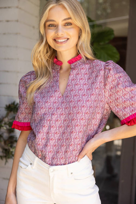Jacquard Petal Print Contrast Ruffle Top