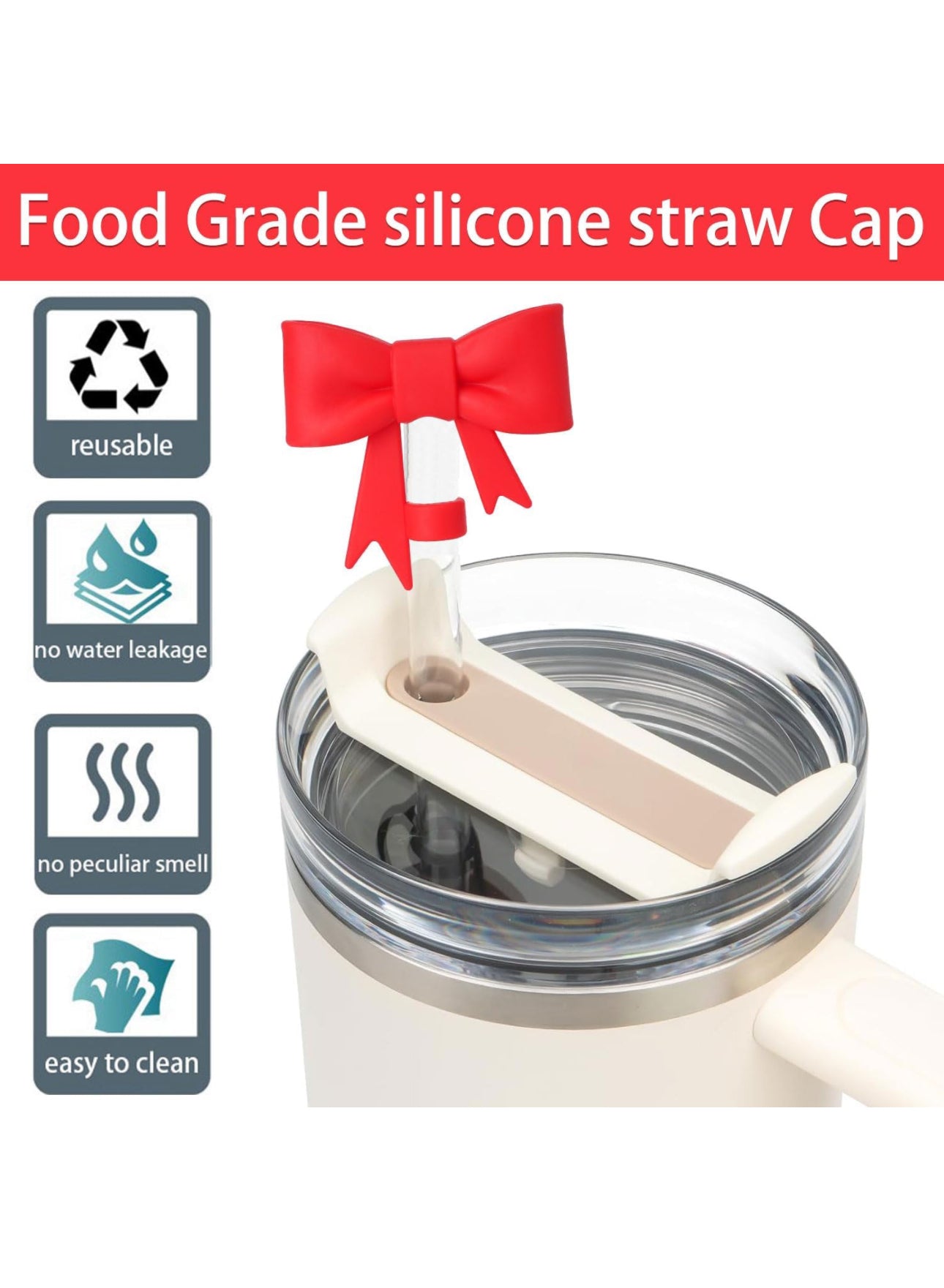 Large Bow Straw Covers with red bow, reusable silicone topper and cap; leak-proof, odorless, easy-clean. Available in multiple sizes.