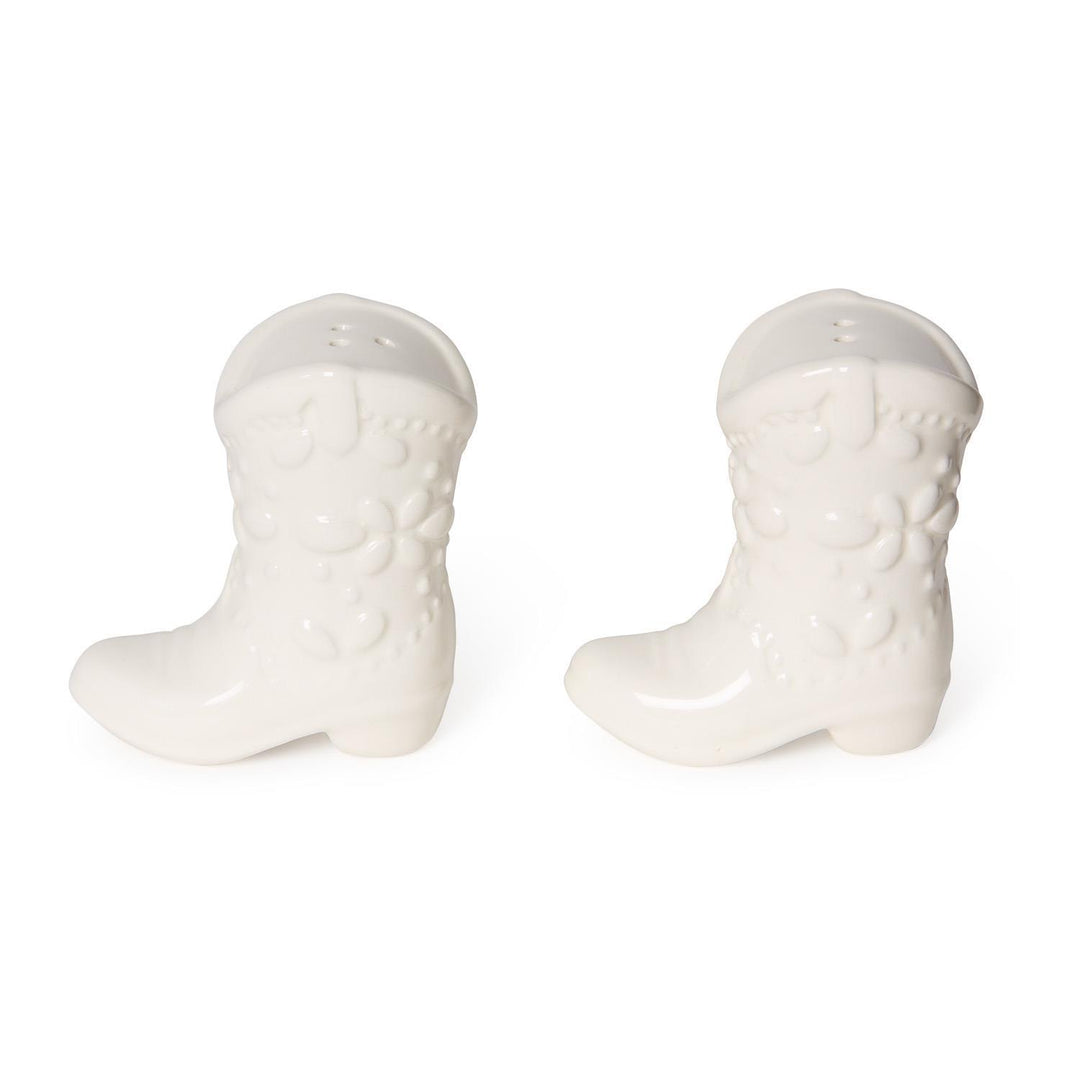 White ceramic cowboy boot salt and pepper shakers with embossed floral patterns. Available in standard shaker size.