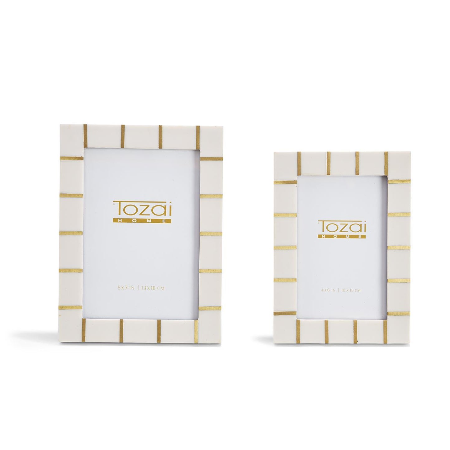 Set of two Brass Lines Photo Frames with white borders, horizontal gold accents, and chic resin design, includes one large and one small size, both featuring "Tozai Home" logo placeholders.
