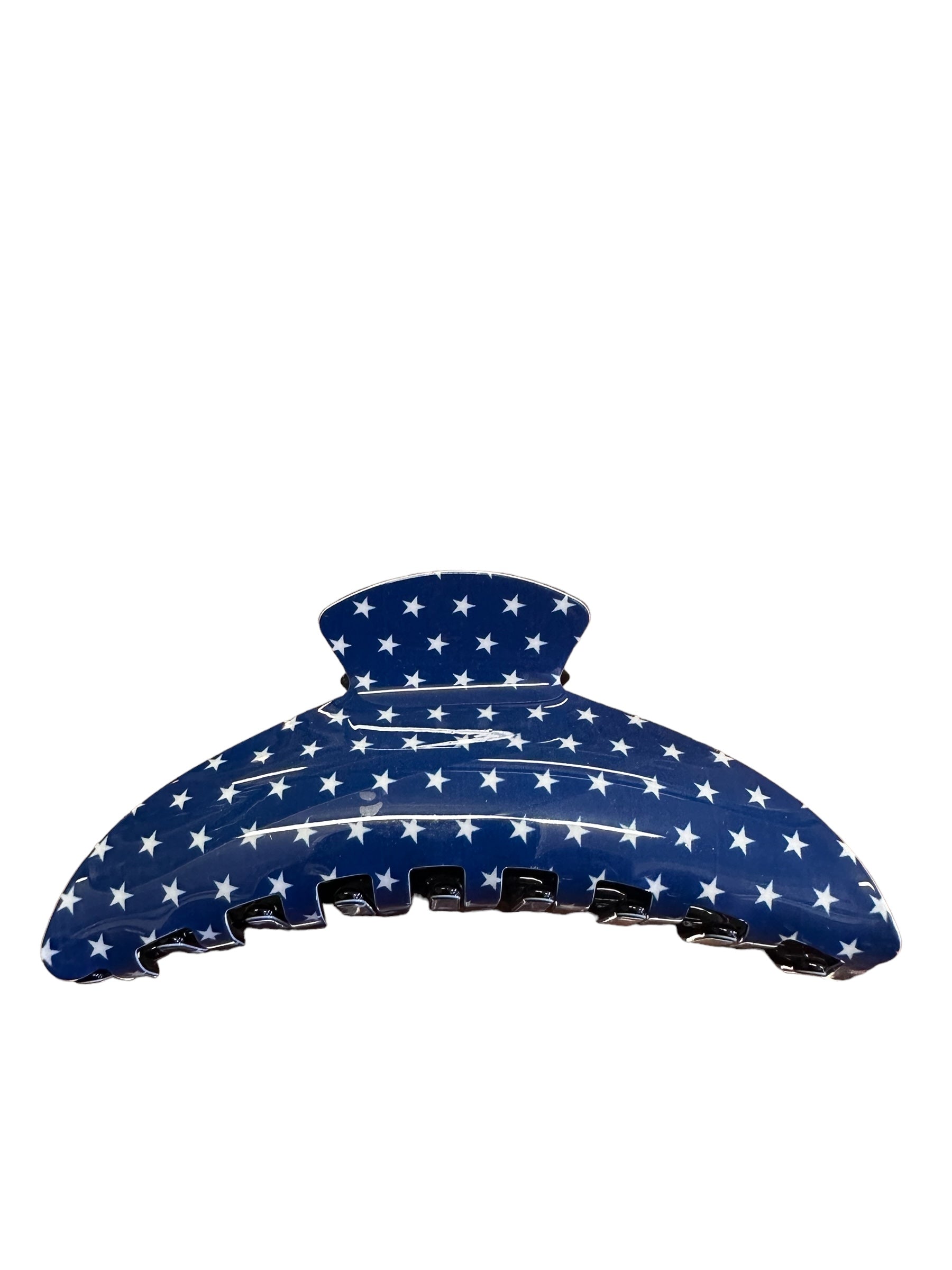 Blue 4th Of July Claw Clip with white stars. Independence Day-themed, wide teeth, curved shape. Sizes Large.