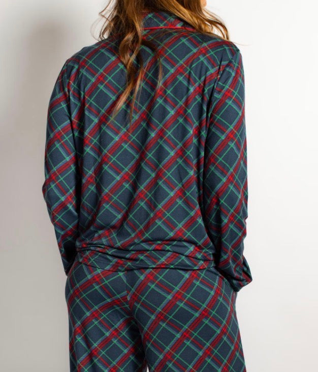 Women’s Layton Plaid Sleep Shirt, dark green with red and blue plaid, long sleeves. Available in all sizes.