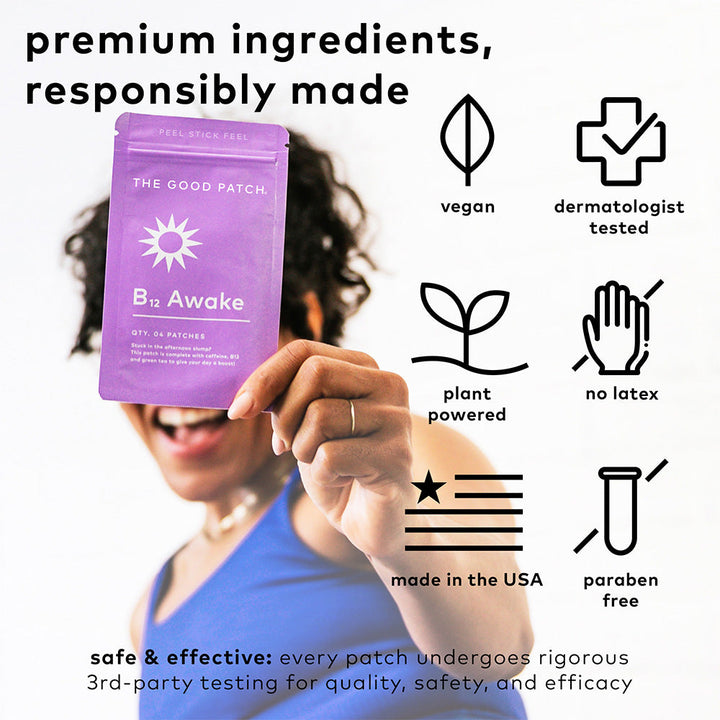 Purple B12 Awake Patch packet; vegan, dermatologist tested, plant powered, latex free, made in USA, paraben free. Sizes: 6ct, 30ct.