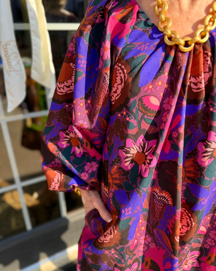 Shirred Floral Shift Dress in pink, red, and purple hues; available in sizes XS-XL.
