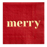 Square red Holiday Cocktail Napkins with gold “merry” print.