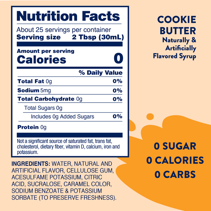 Nutrition facts label for Sugar Free Cookie Butter Syrup (Harvest), 0 calories, 0g sugar, 0g carbs.