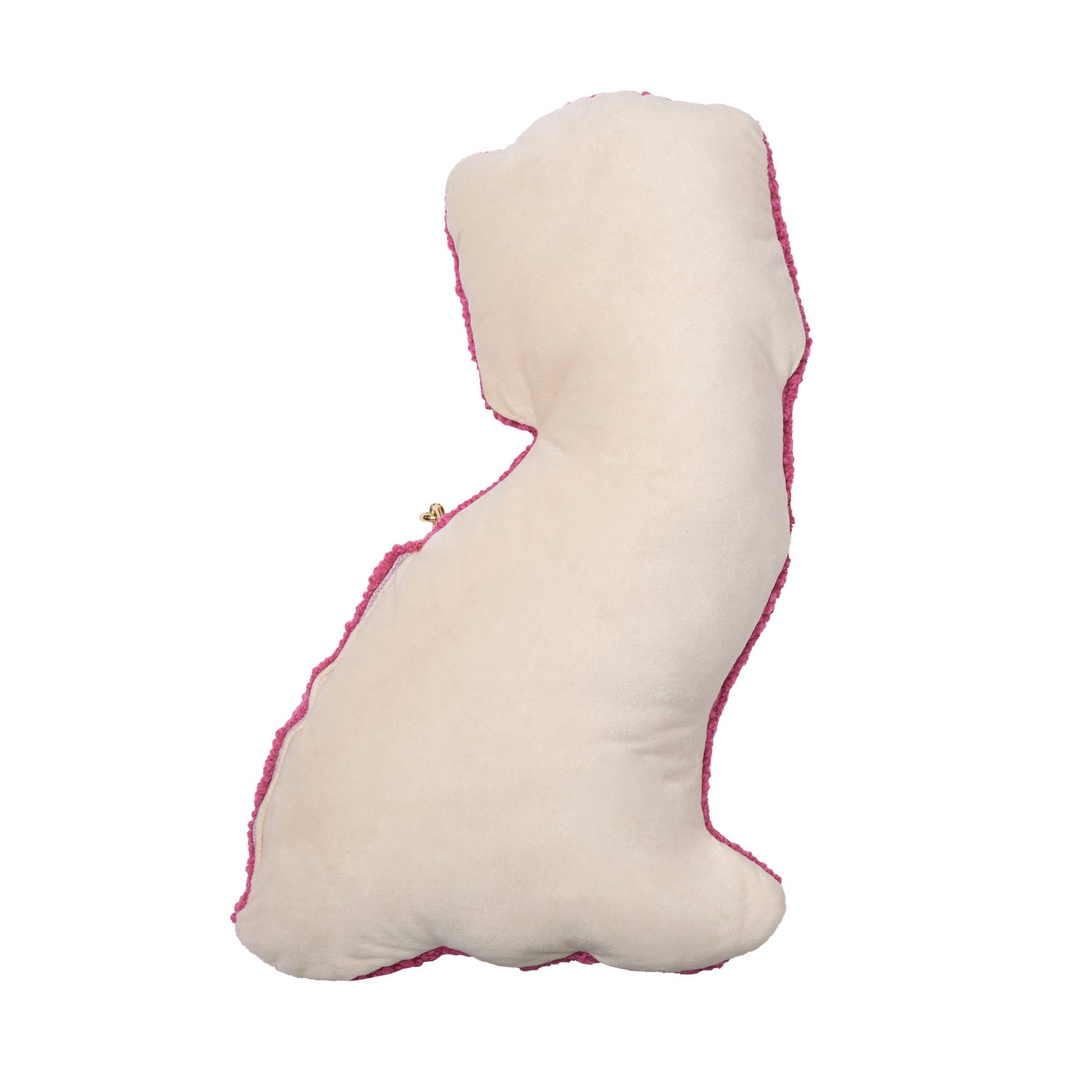 Cream-colored wool Chinoiserie dog-shaped throw pillow with pink border. Available sizes: 11″x18″.