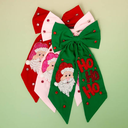 CHRISTMAS SANTA'S "HO HO HO" BOW BARRETTE HAIR CLIP: Pink