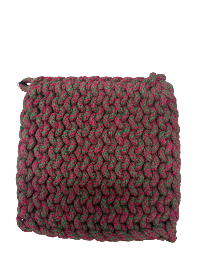Square, hand-knitted red and green cotton pot holder with chunky texture and top-left zipper. Available in 3 sizes.