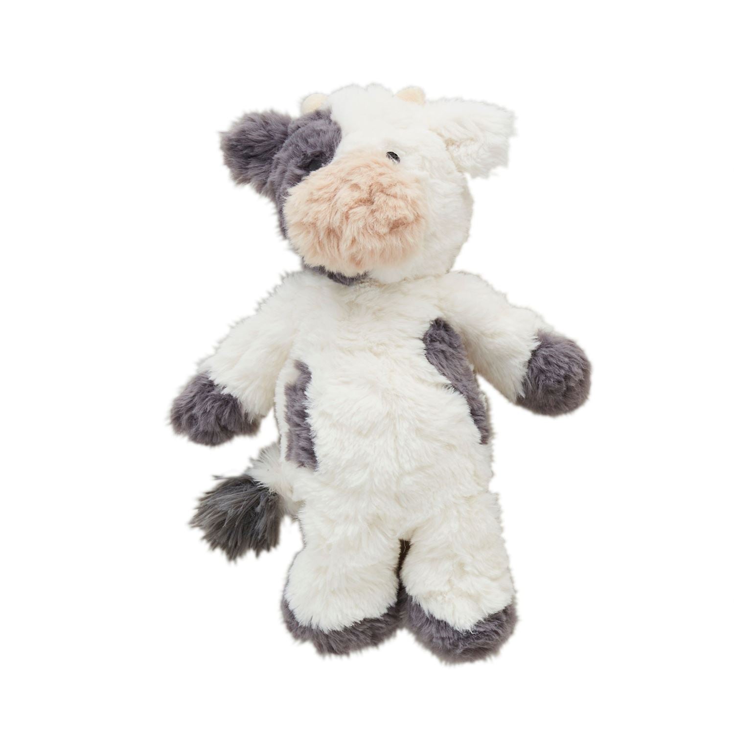 Plush cow with white fur, gray patches, pink snout, small horns, floppy ears, fluffy tail. Available in 8", 12", and 16" sizes.