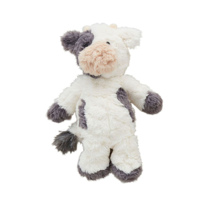 Plush cow with white fur, gray patches, pink snout, small horns, floppy ears, fluffy tail. Available in 8", 12", and 16" sizes.