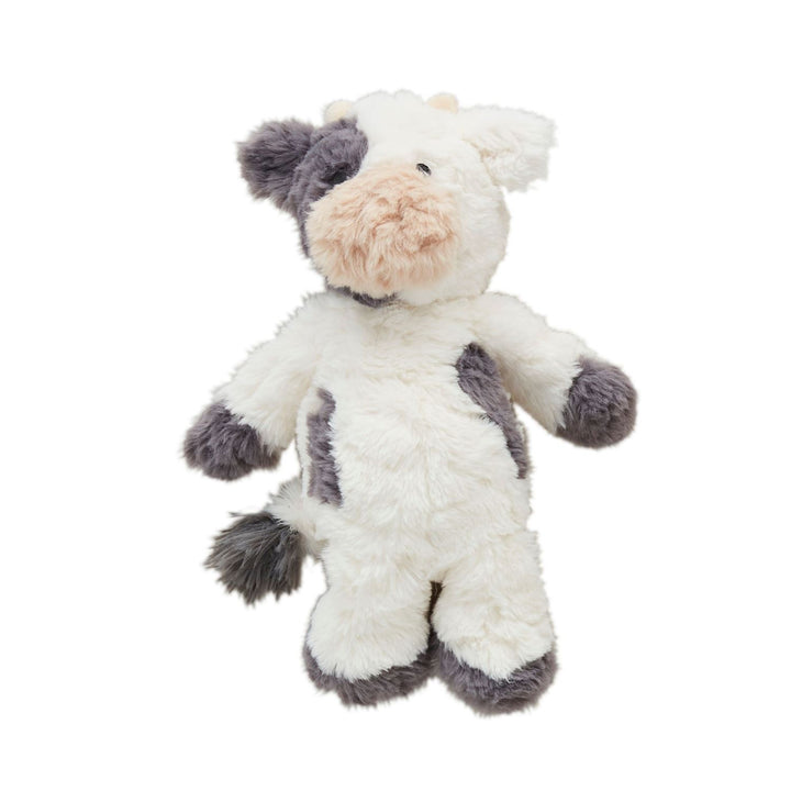 Plush cow with white fur, gray patches, pink snout, small horns, floppy ears, fluffy tail. Available in 8", 12", and 16" sizes.
