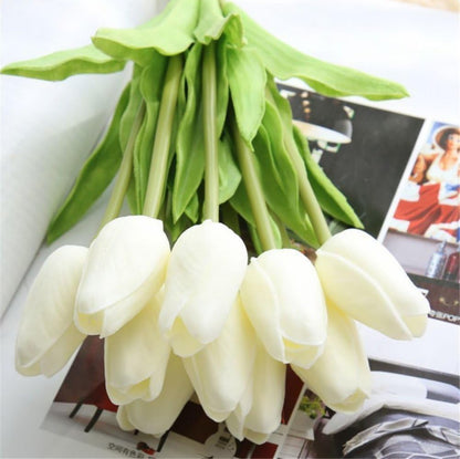 White PU artificial tulip bundles with green stems and leaves. Sizes available: small (10"), medium (14"), large (18").