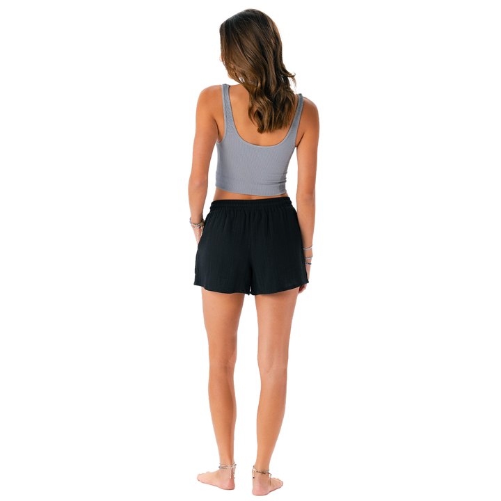 Black Cotton Cabana Shorts with drawstring waist, shown in size S. Available sizes: S.