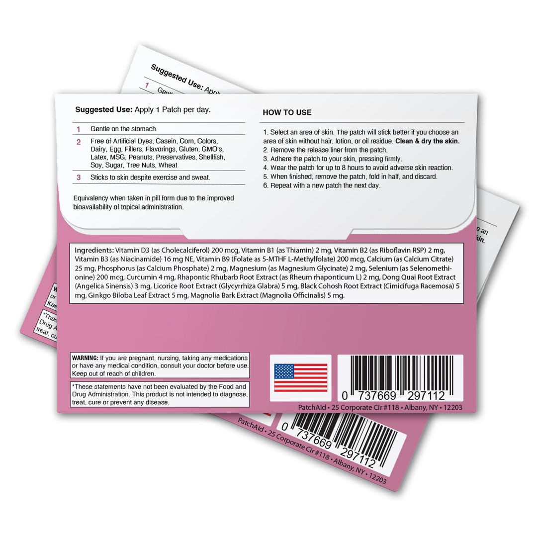 Menopause Relief Patch - Natural Symptom Relief &amp; Support 1-Pack packaging with usage instructions, ingredients list, and product details visible. Size: 1-pack.