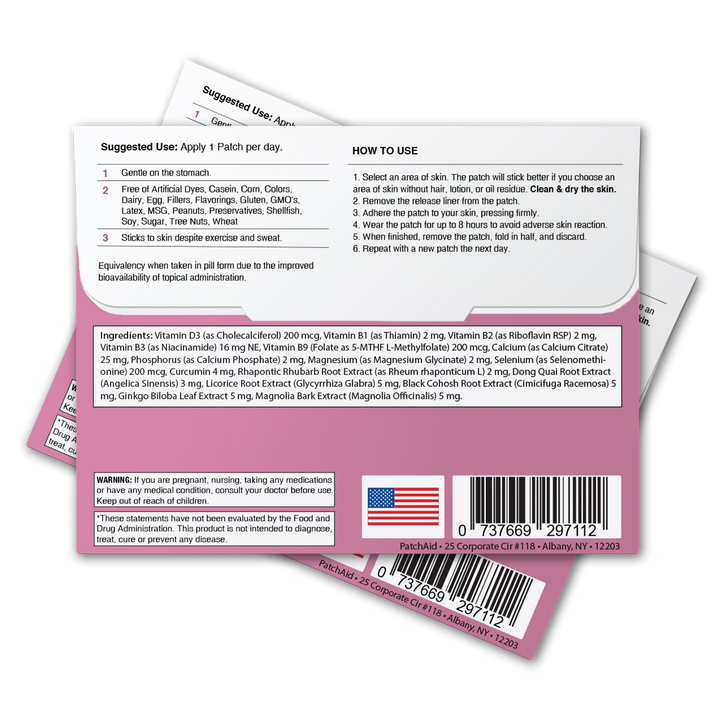 Menopause Relief Patch - Natural Symptom Relief &amp; Support 1-Pack packaging with usage instructions, ingredients list, and product details visible. Size: 1-pack.