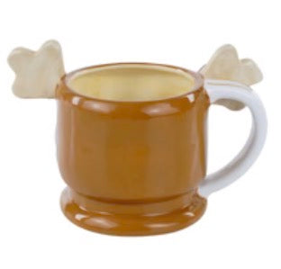 Brown ceramic reindeer mug with antlers and a white handle.