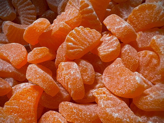 Gourmet Florida Orange Sanded Slices: citrus-shaped, sugar-coated gummies. Sold in a 3/4 pound package.