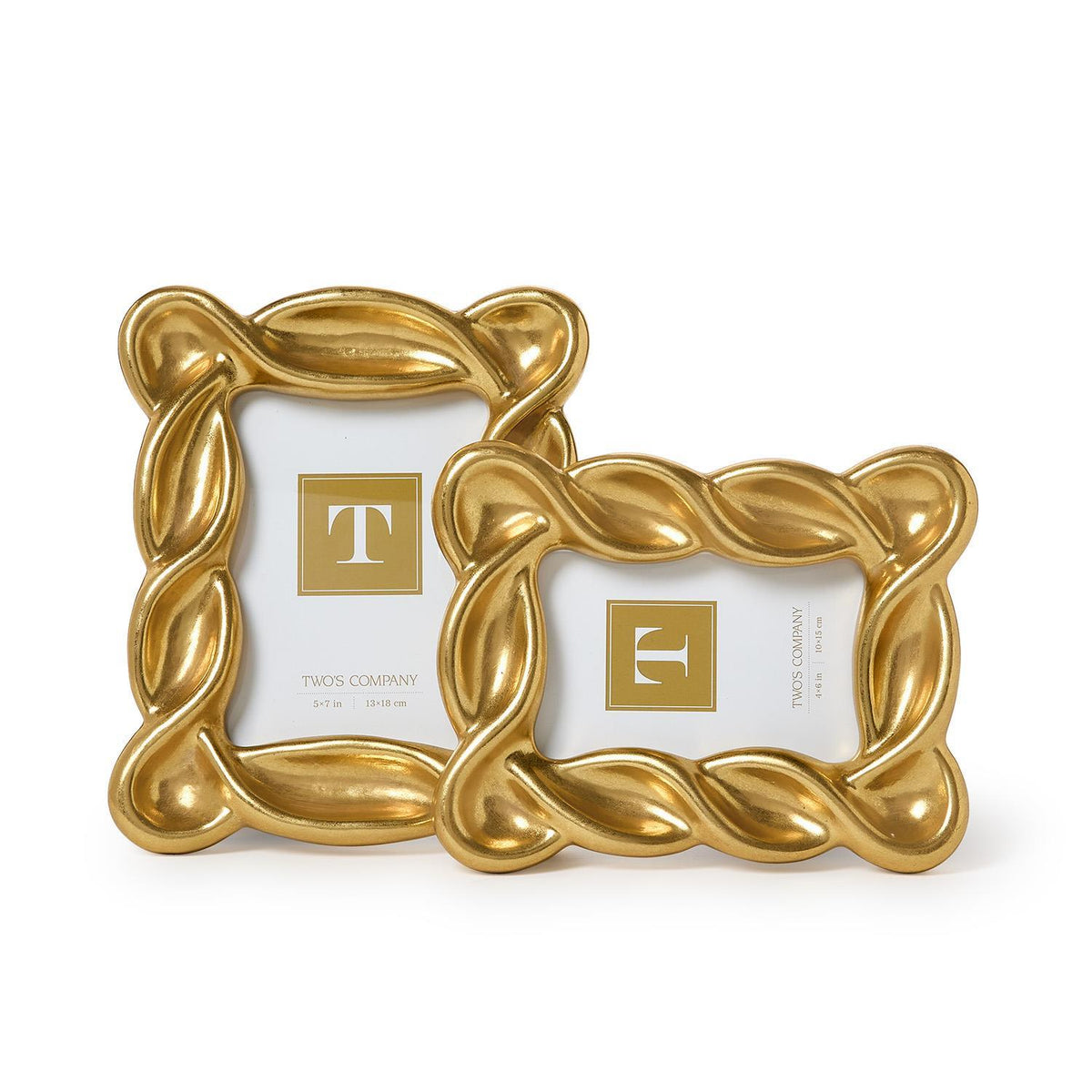 Infinity Gold Leaf Frame with twisted ribbon design and gold-colored finish, available in upright and landscape sizes. Each displays a placeholder insert with a gold square and white “T” in the center.