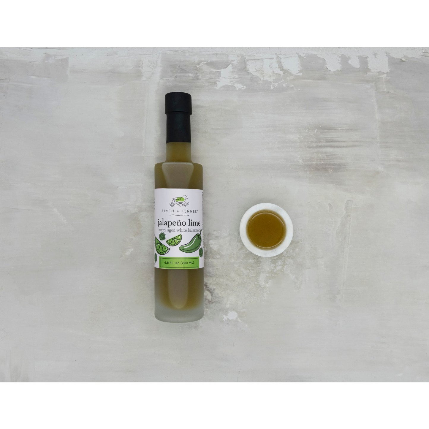 Jalapeño Lime White Balsamic Vinegar bottle; available in 250ml and 500ml sizes.