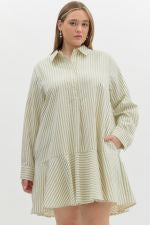 Striped Collared Tiered Dress with long sleeves, vertical beige and white stripes. Available in sizes XS–XL.