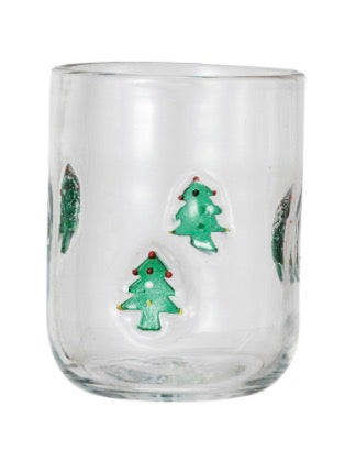 Holiday Icon Glass tumbler with embossed green Christmas trees.