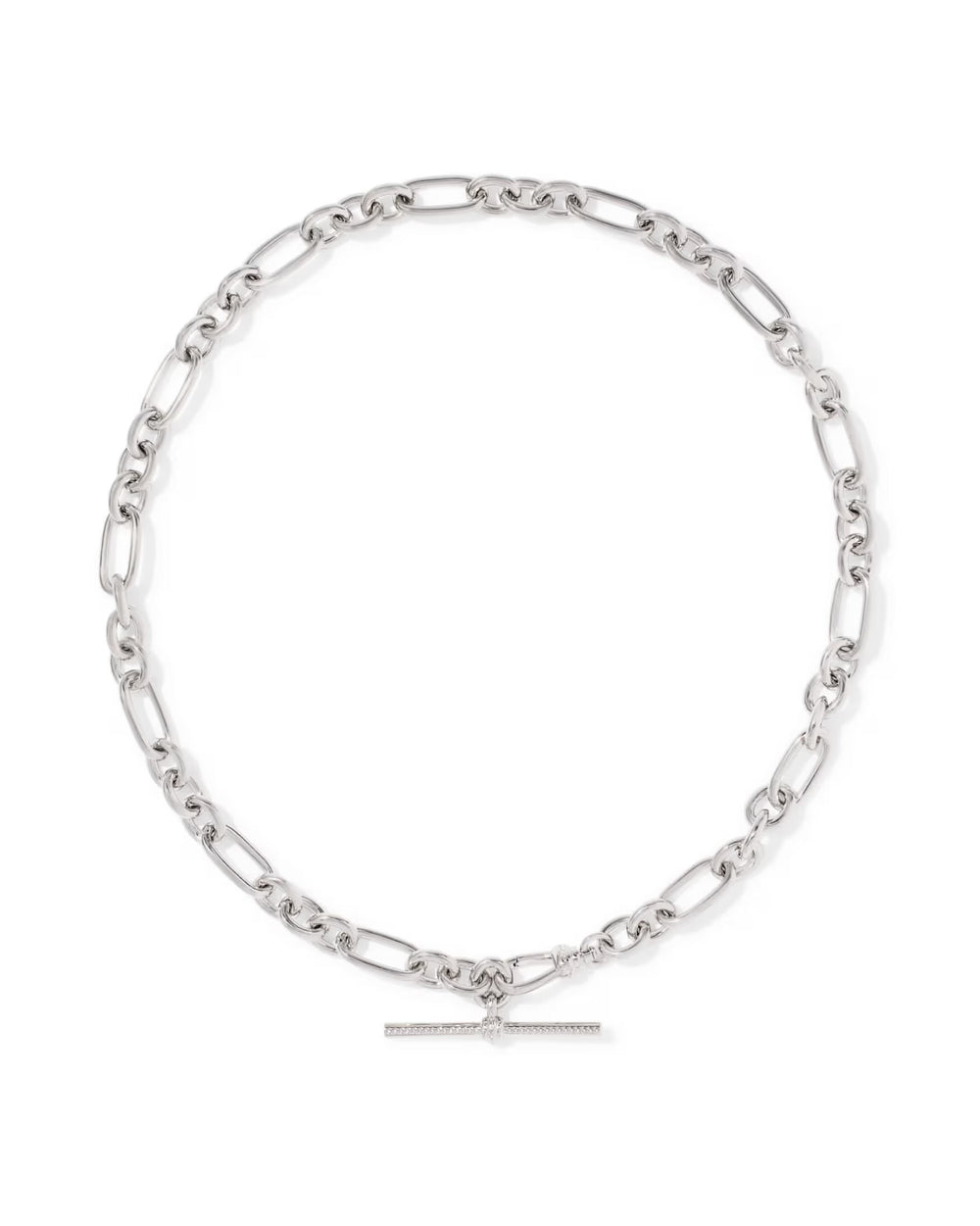 Silver necklace with alternating oval and rectangular links, finished with a bold T-bar closure at the center. Available in multiple sizes.