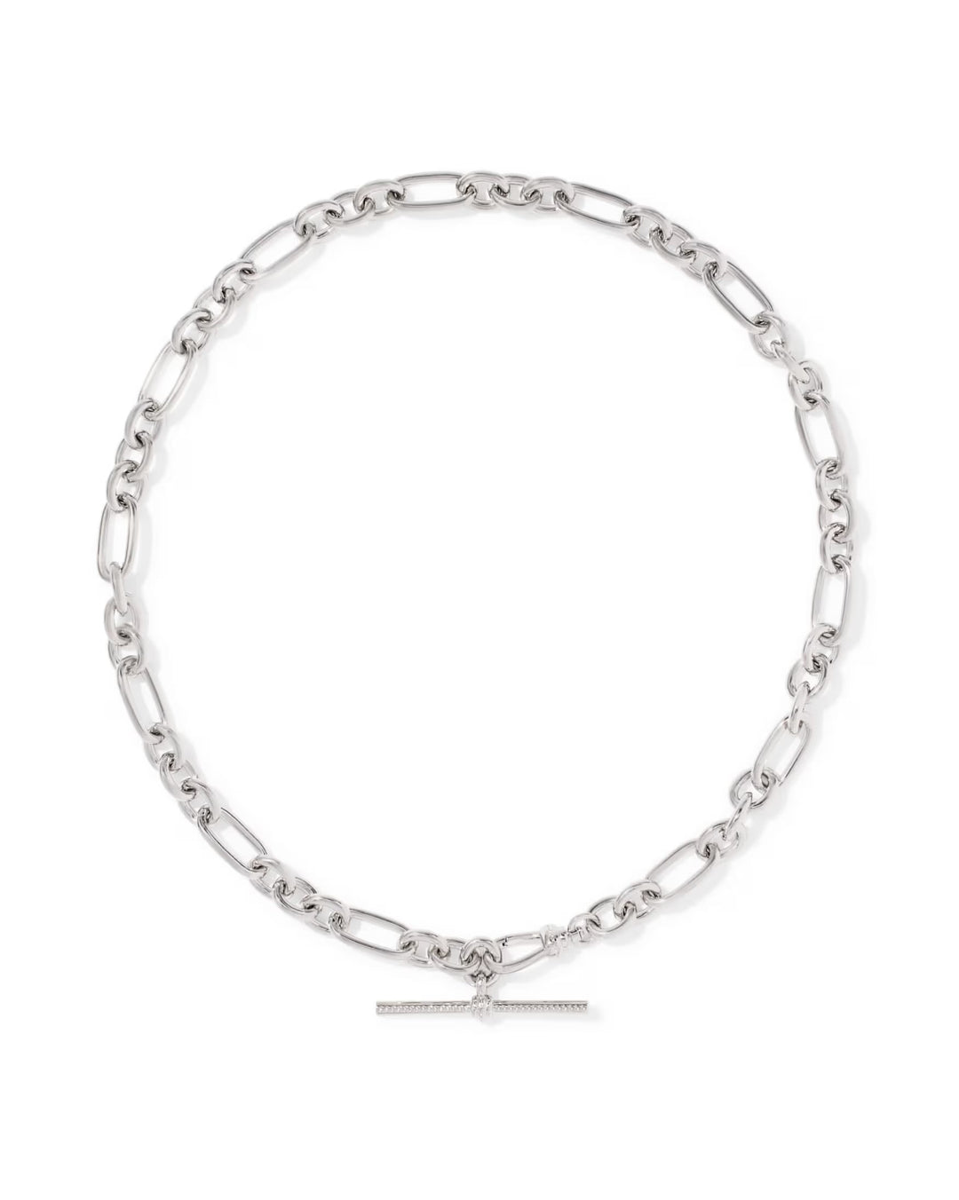 Silver necklace with alternating oval and rectangular links, finished with a bold T-bar closure at the center. Available in multiple sizes.