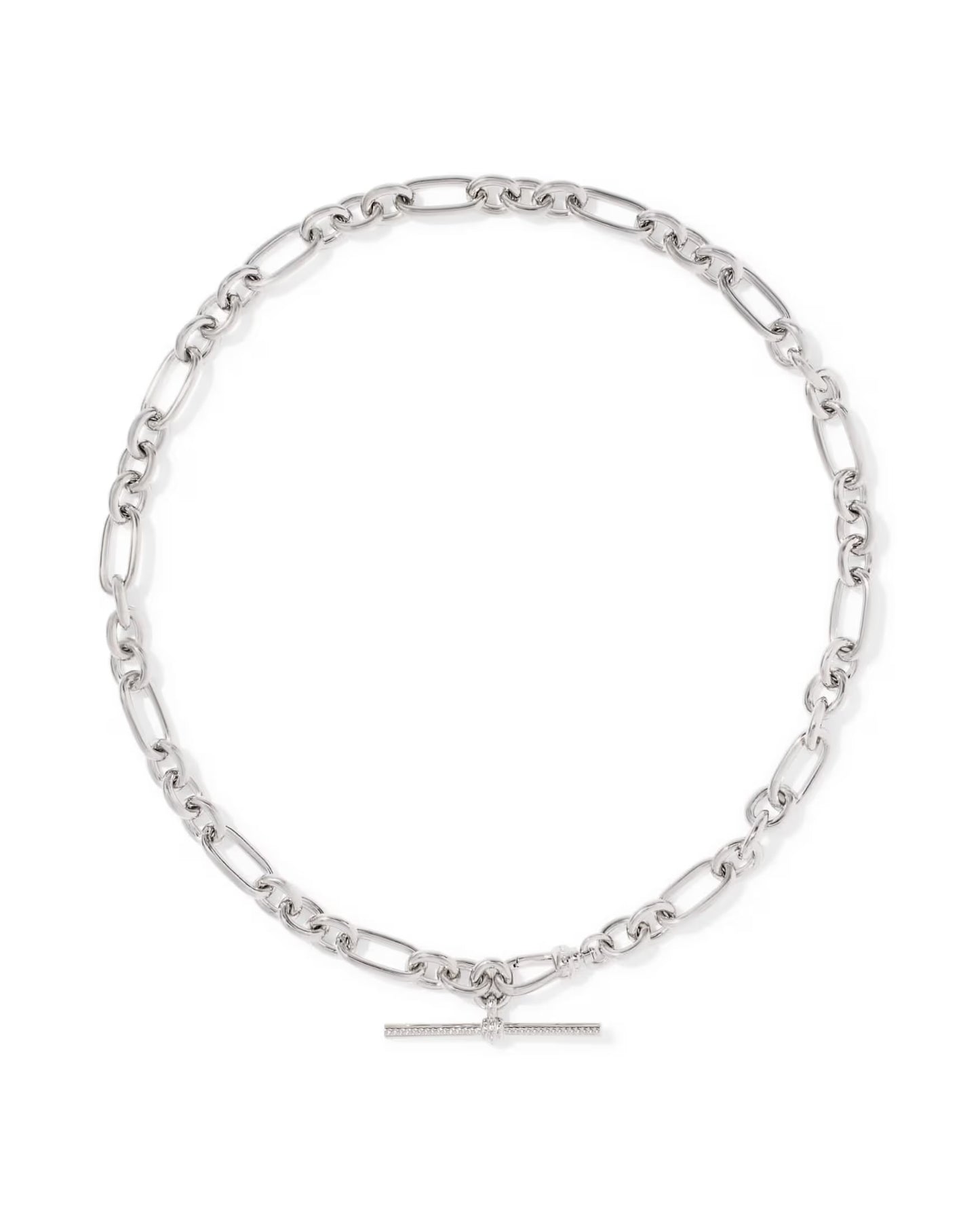 Silver necklace with alternating oval and rectangular links, finished with a bold T-bar closure at the center. Available in multiple sizes.