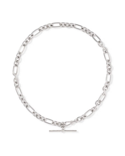 Silver necklace with alternating oval and rectangular links, finished with a bold T-bar closure at the center. Available in multiple sizes.