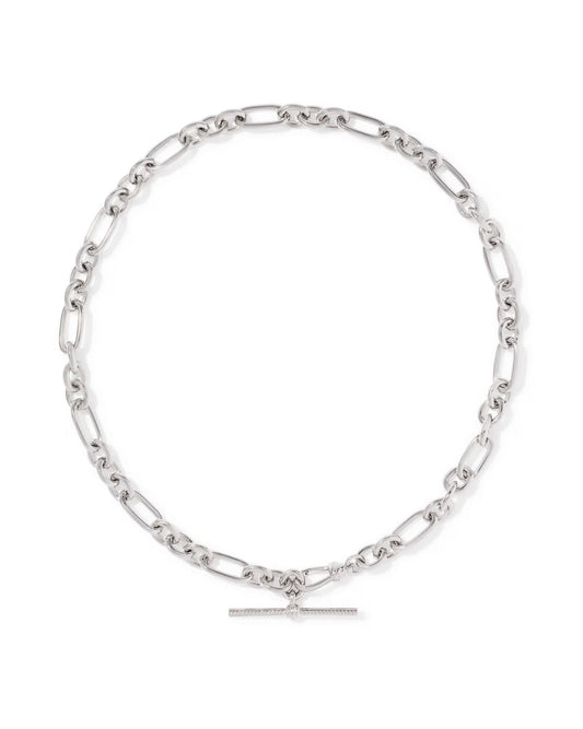 Silver necklace with alternating oval and rectangular links, finished with a bold T-bar closure at the center. Available in multiple sizes.