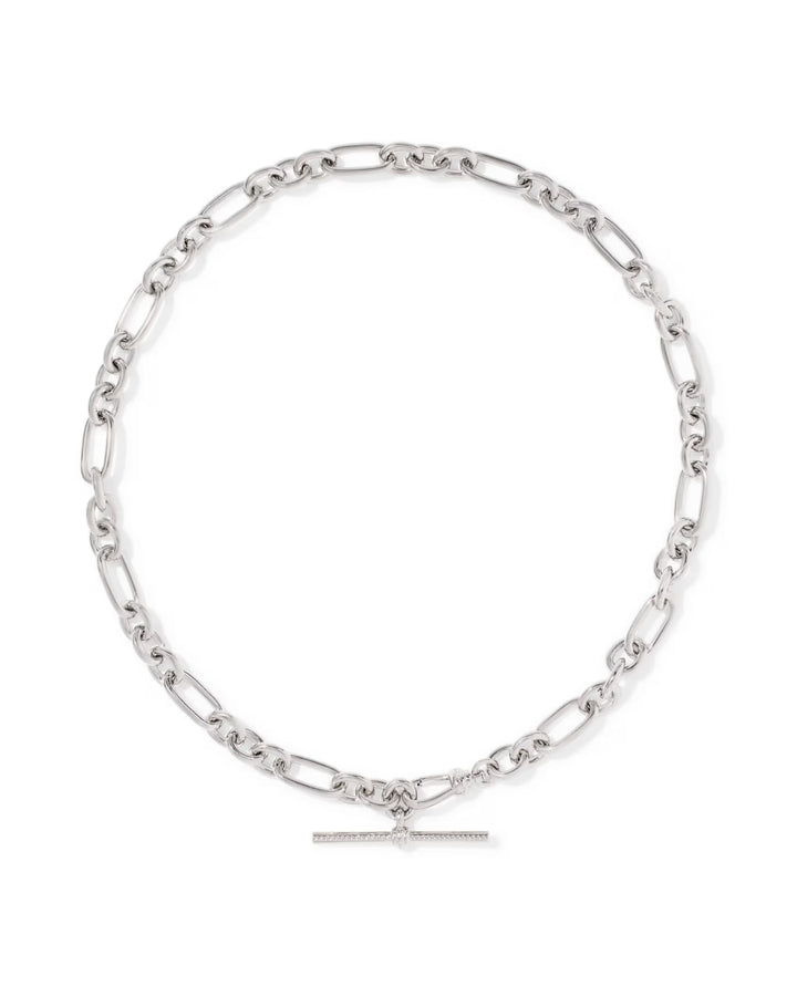 Silver necklace with alternating oval and rectangular links, finished with a bold T-bar closure at the center. Available in multiple sizes.