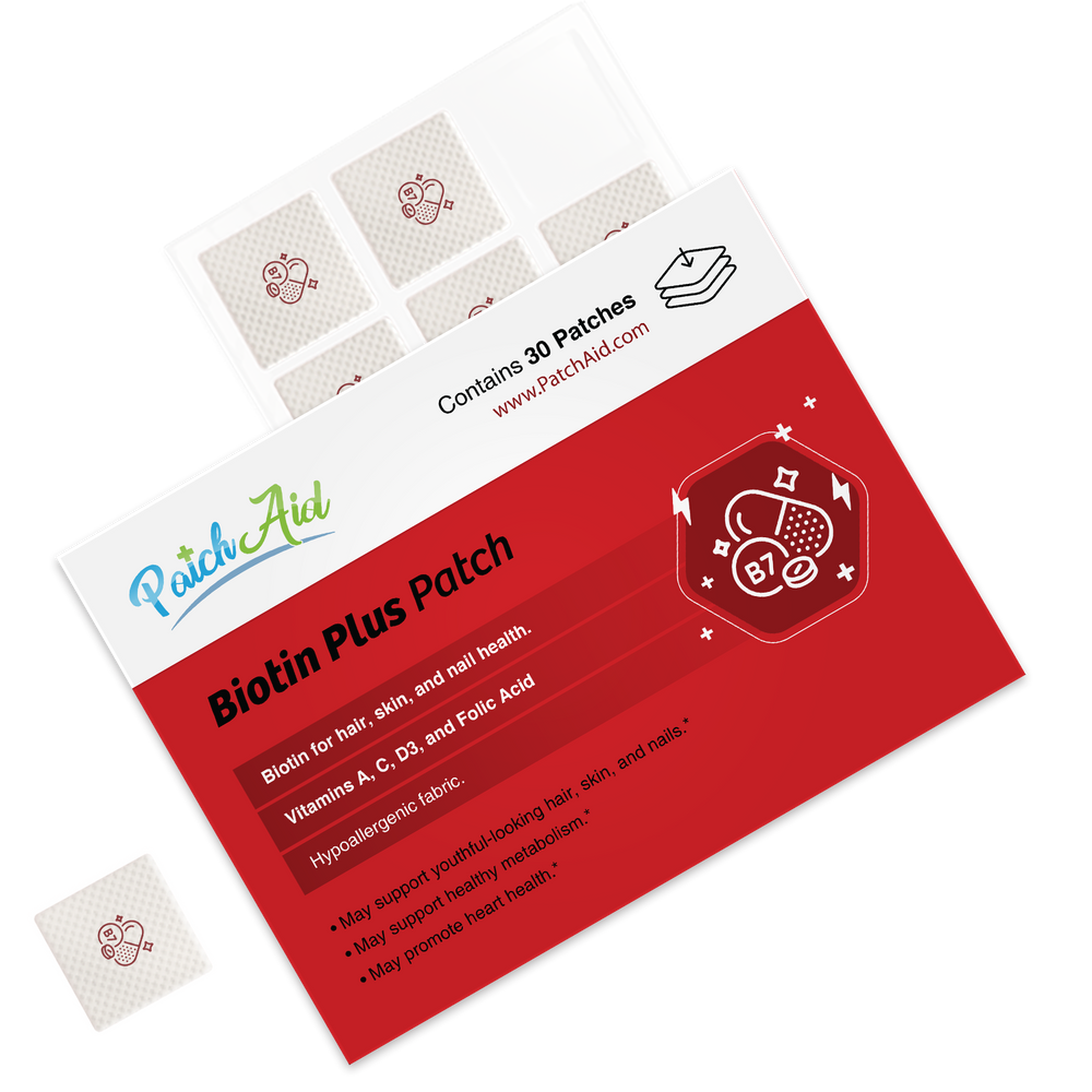 Open Biotin Plus Vitamin Patch Hair, Skin, and Nails Support (1-Pack) box with individual patches shown; highlights benefits for hair, skin, nails, included vitamins, hypoallergenic fabric; 1-pack size.