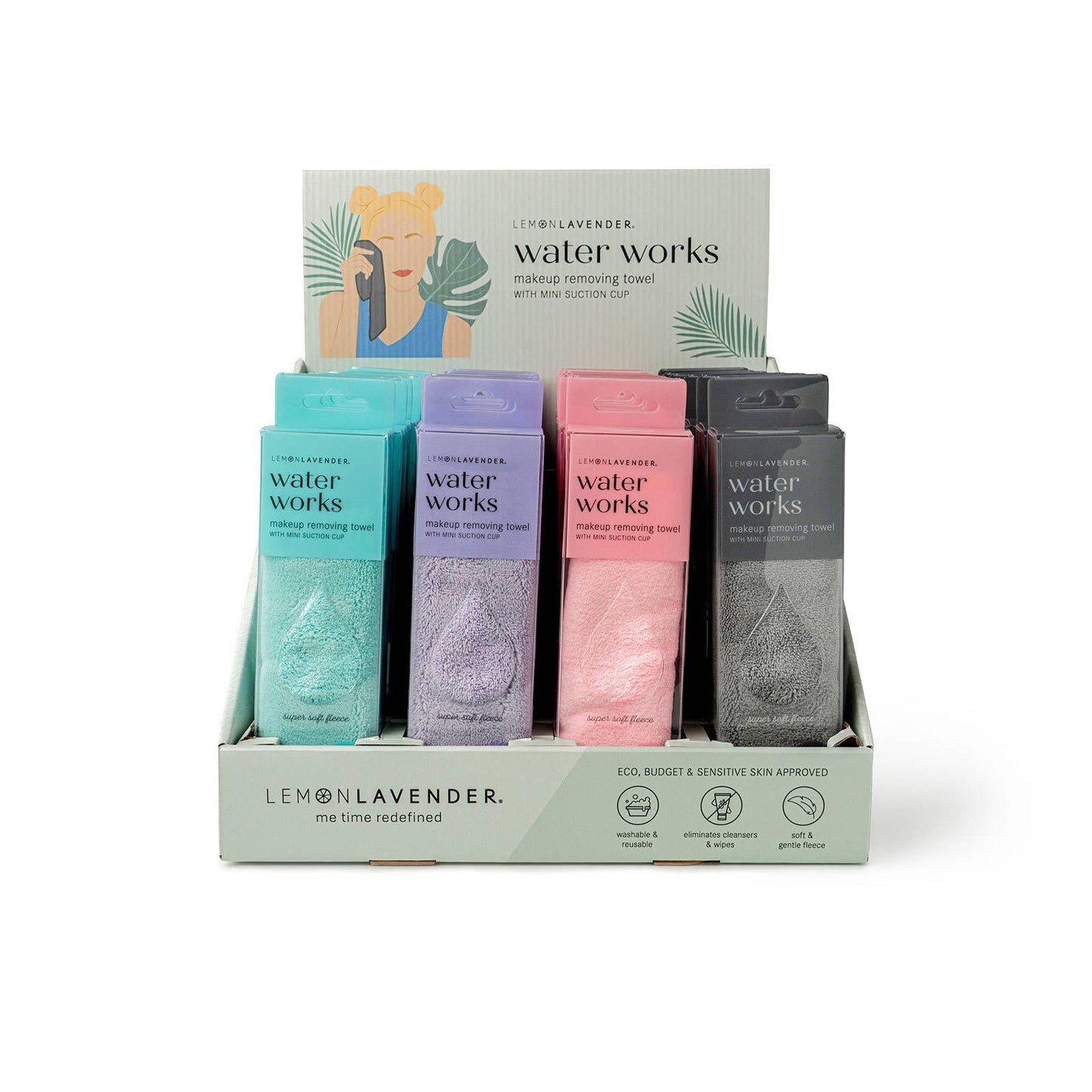 Lemon Lavender Water Works Make-up Removing Towel in teal, purple, pink, and gray packaging; sizes: standard, mini.