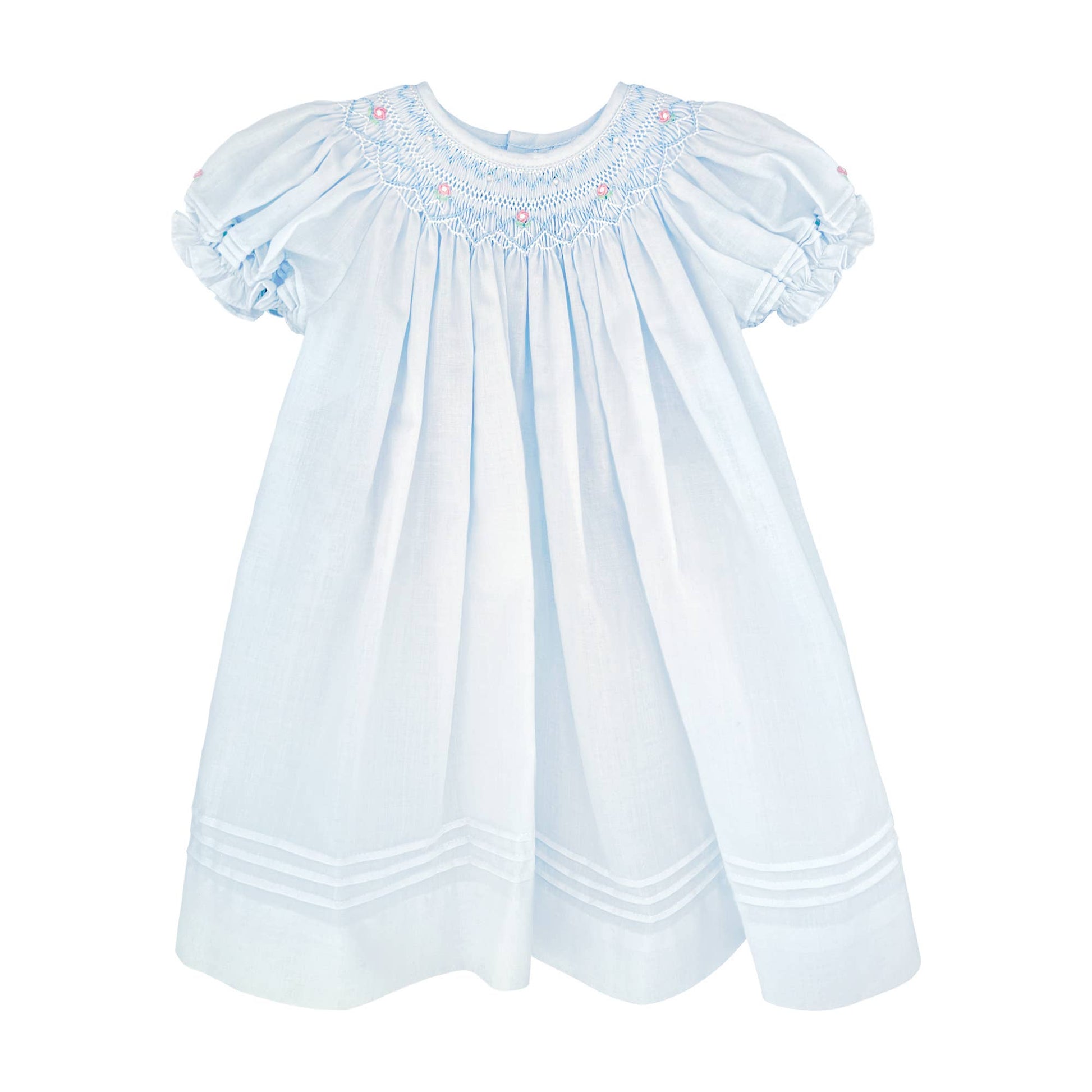 Blue daygown with heart smocking and pearls