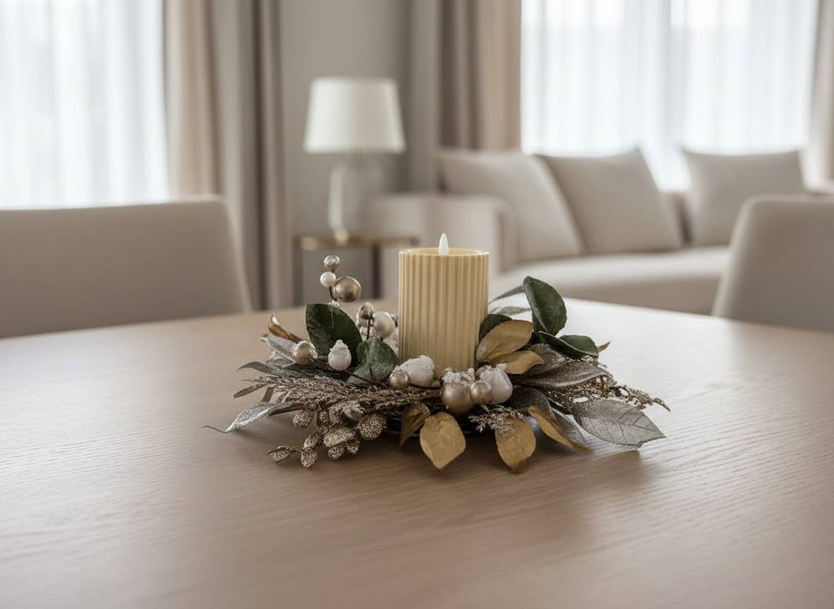 Decorative candle adorned with gold and silver leaves, available in 4.5in size.