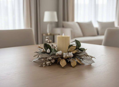 Decorative candle adorned with gold and silver leaves, available in 4.5in size.