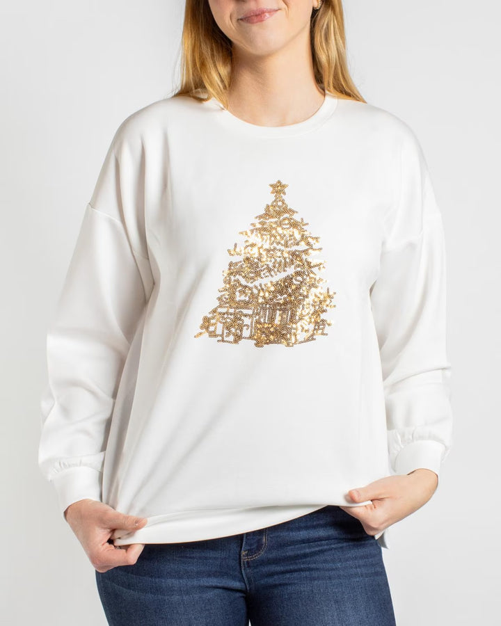 White Stockbridge Tree Sequin Sweatshirt with gold sequin Christmas tree graphic.