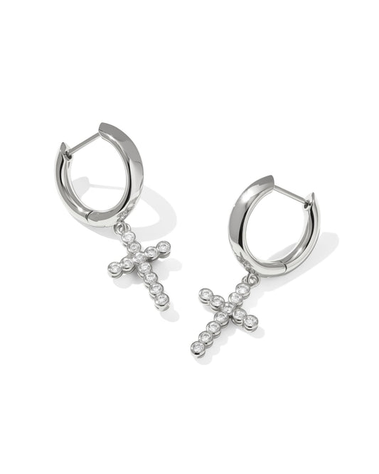 Silver Cross Crystal Huggie Earrings with small clear gemstones. Available in sizes 10mm, 12mm, and 14mm.